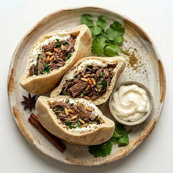 Pulled Beef Shawarma Pita Pockets With Garlic Toum